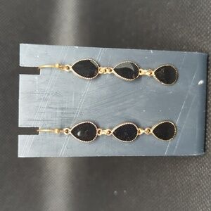 Gold Tone Black Teardrop Rhinestone Dangle Drop Statement Earrings